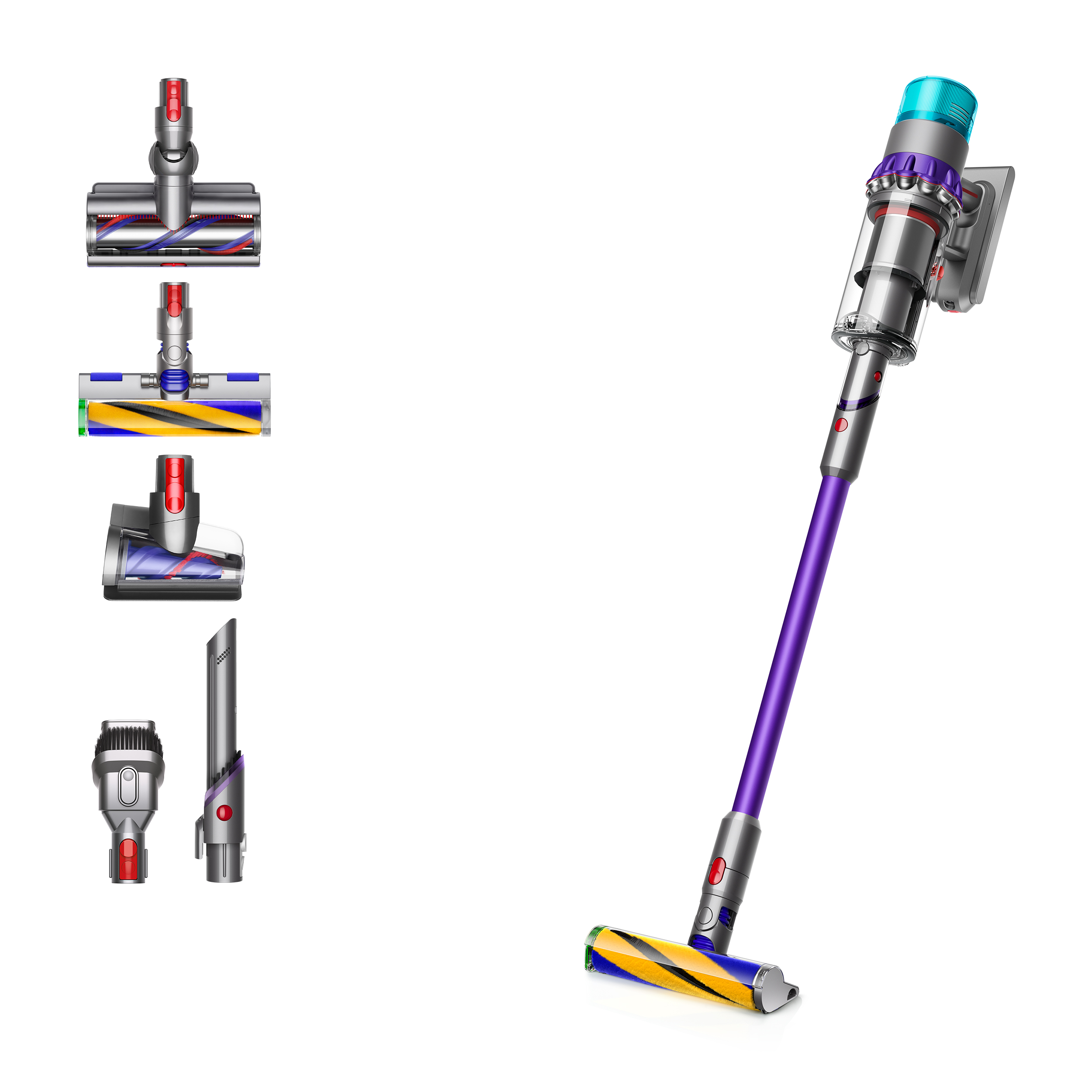 Dyson Gen5detect Absolute in Nickel/Violett mit Zubehör. Hersteller-Presseaufnahme; der aktuelle Setumfang kann abweichen.