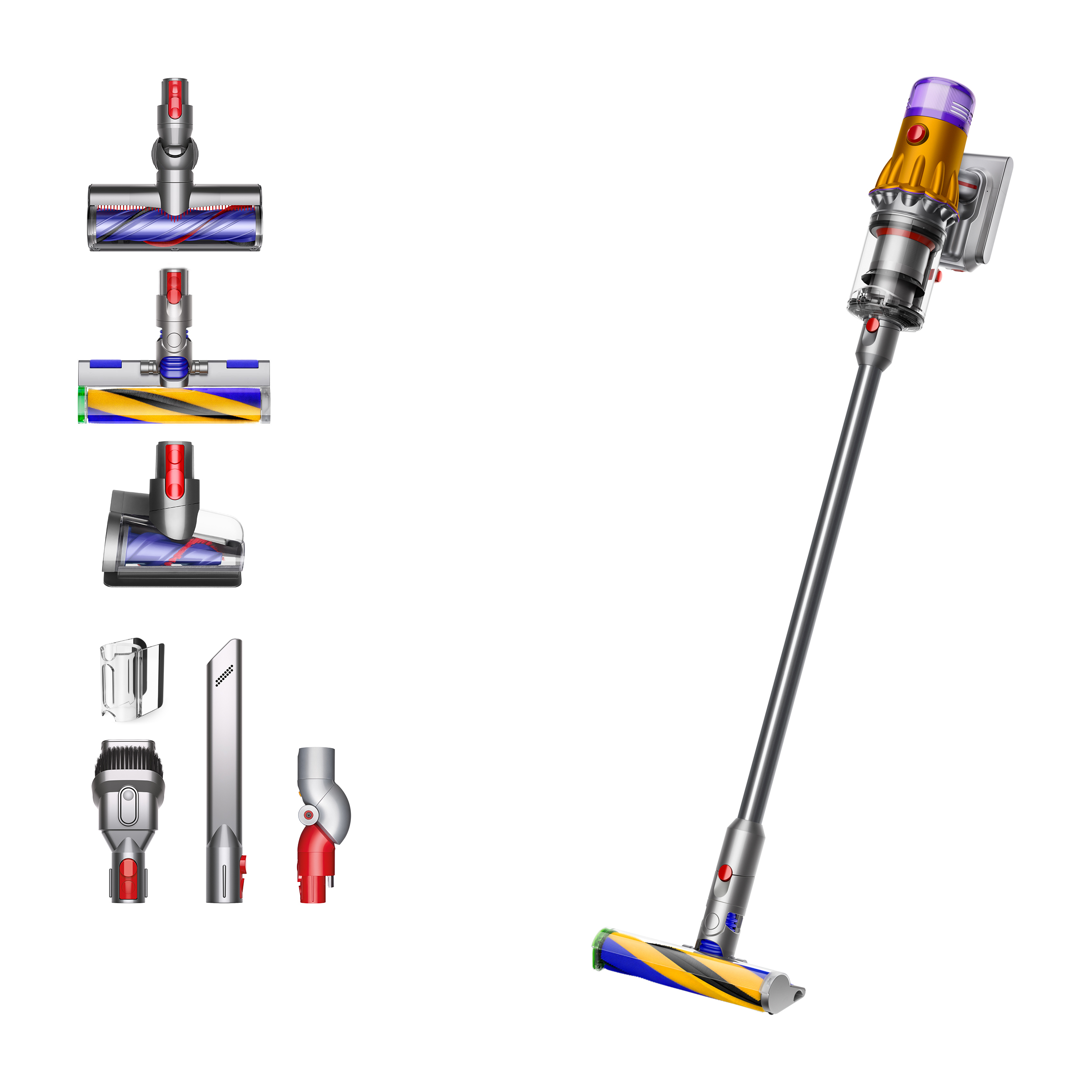Dyson V12 Detect Slim Absolute mit Zubehör in einer Presseaufnahme von 2023. Der aktuelle Lieferumfang kann abweichen.