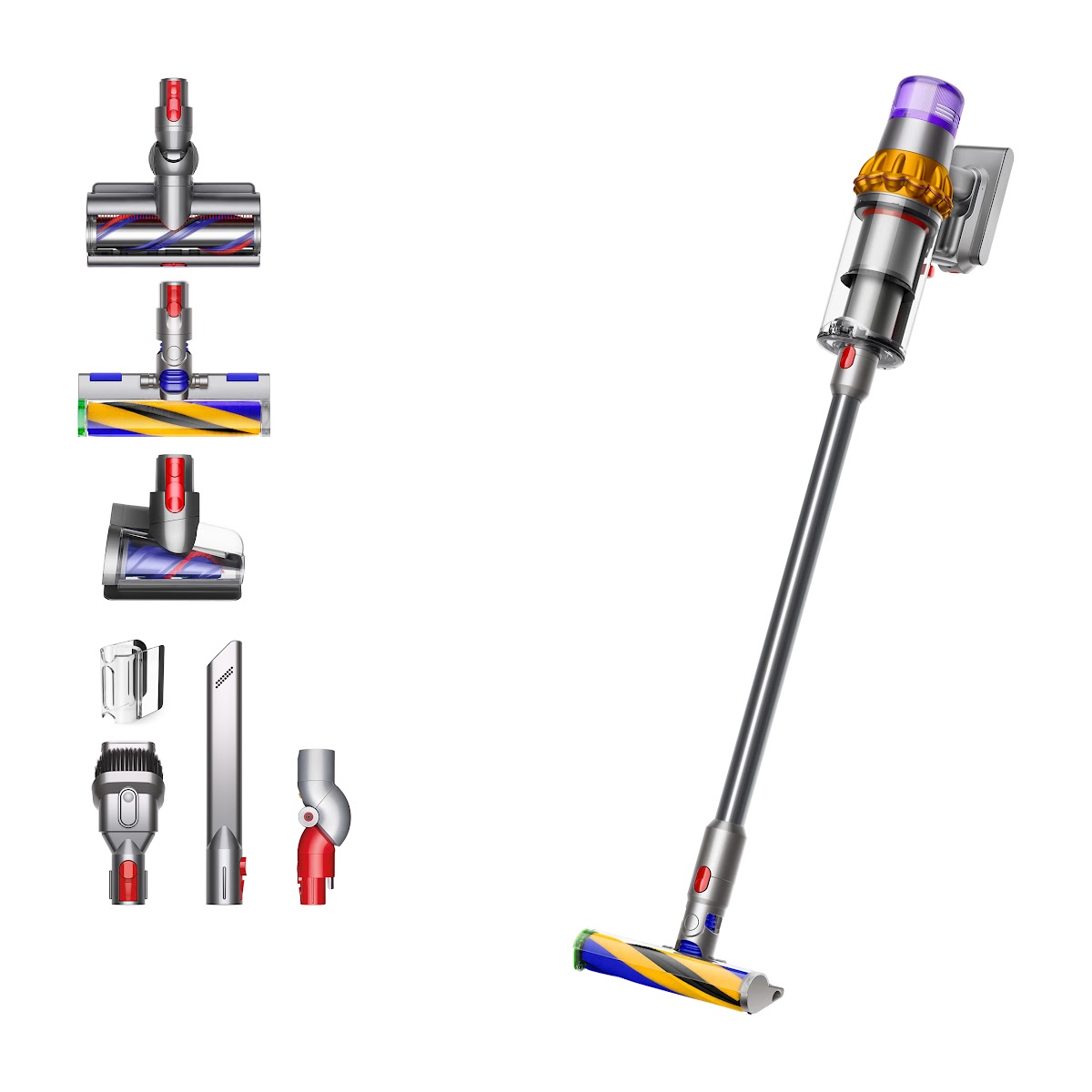 Dyson V15 Detect Absolute mit Zubehör aus dem Hersteller-Pressearchiv. Lieferumfang des aktuellen Händlerangebots separat prüfen.